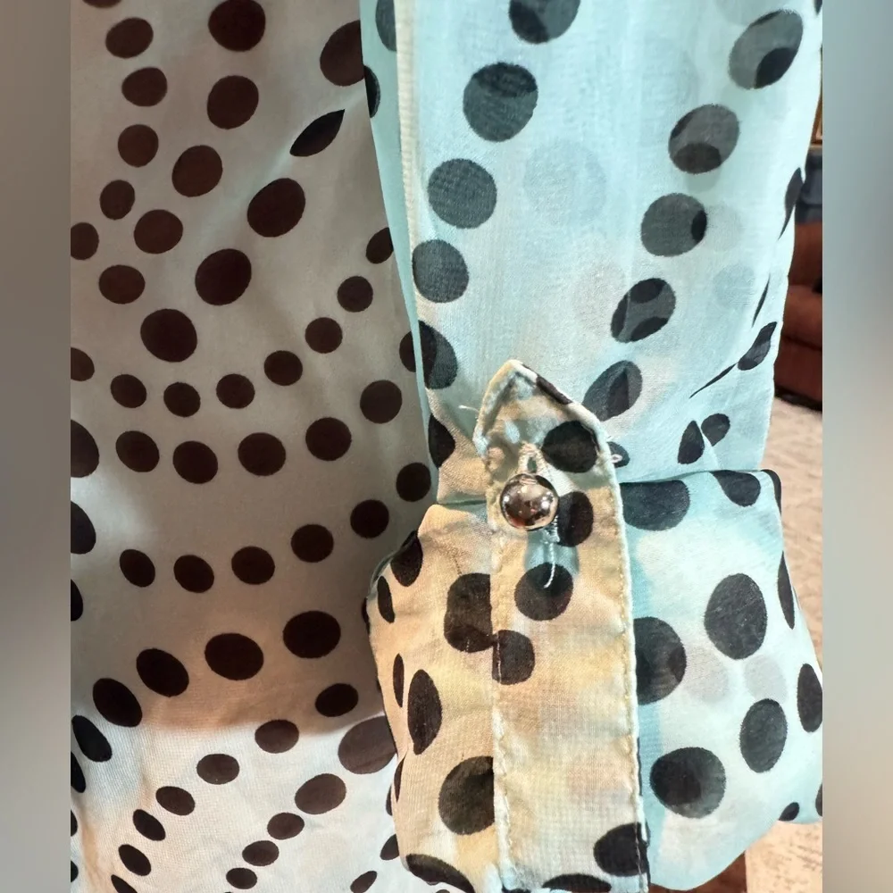 Aqua Black Polka Dot Sheer Blouse Hi Low Roll Tab Sleeve Small